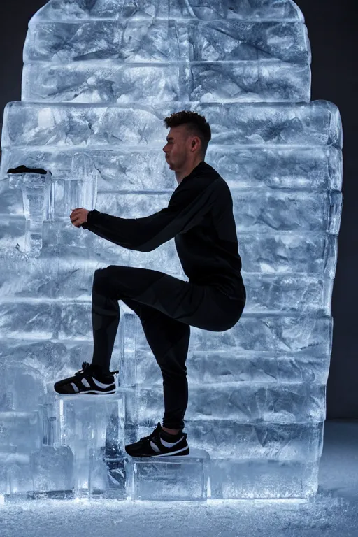 Image similar to Ice sculpture of squatting man in black Adidas tracksuit, shiny, ultra realistic, 4k, cold mist