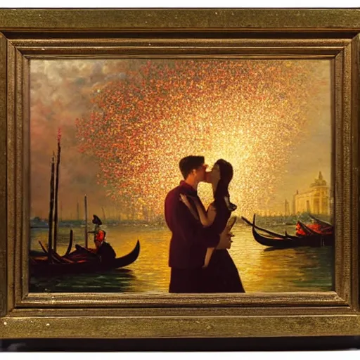 Image similar to an oil painting of couple kissing, in a background fireworks in venice