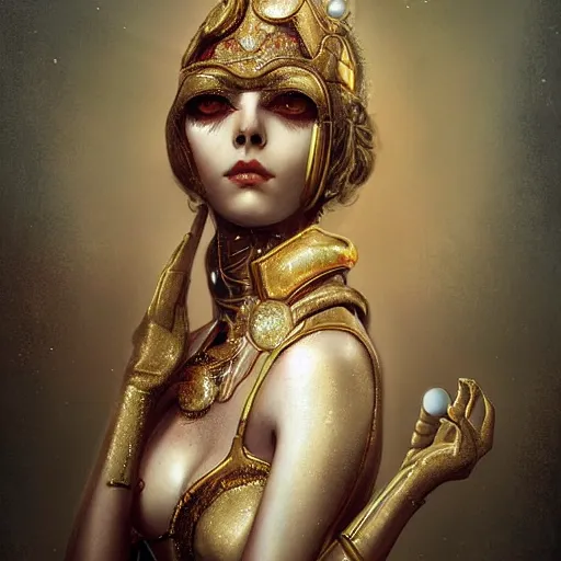 Image similar to tom bagshaw, curiosities carnival, photorealistic medium shot soft paint of a single beautiful cosplay full very tight long metallic dress ornate face, gynoid body, accurate features, focus, very intricate ultrafine details, award winning masterpiece