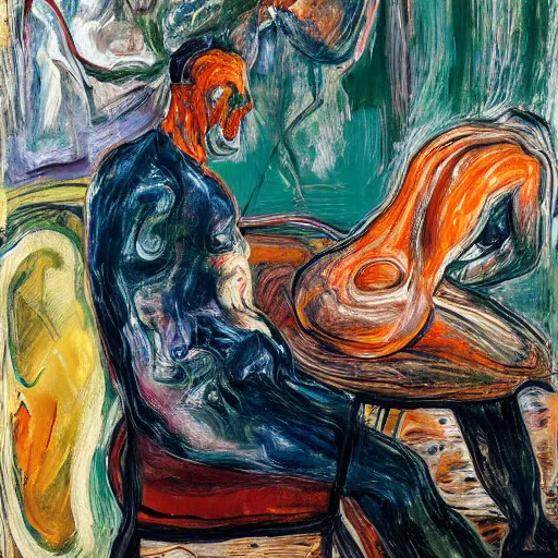 Image similar to high quality high detail expressionist painting of a man in agony by lucian freud and jenny saville edvard munch and francis bacon, hd, anxiety, seated at table, turquoise and orange