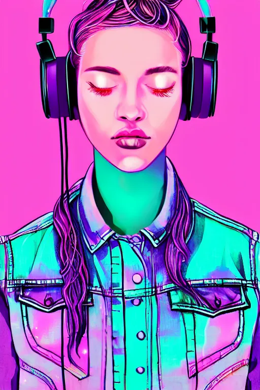 Image similar to a award winning half body portrait of a beautiful woman with stunning eyes in a croptop denim jacket and cargo pants with ombre purple pink teal hairstyle dancing with headphones on her ears by thomas danthony, surrounded by whirling illuminated lines, outrun, vaporware, shaded flat illustration, digital art, trending on artstation, highly detailed, fine detail, intricate