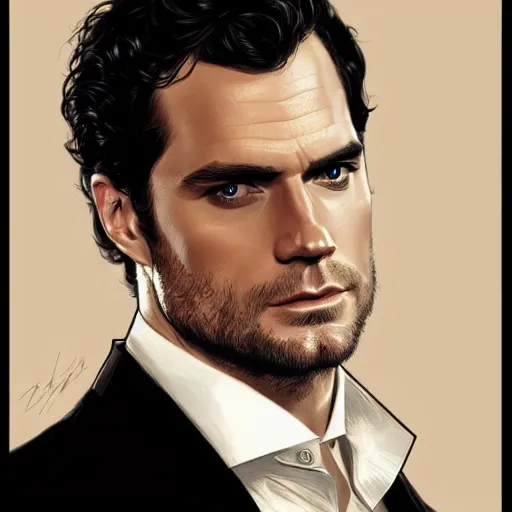 Image similar to henry cavill as james bond, portrait, highly detailed, digital painting, artstation, concept art, sharp focus, illustration, art by artgerm and greg rutkowski and alphonse mucha