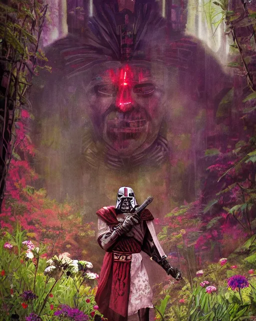 Prompt: Aztec sith lord surrounded by flowers, forest, Marc Simonetti