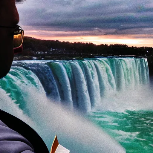 Prompt: highly detailed concept art of award winning cinematic still of close up of man reading the Bible at Niagara falls, waterfalls, colorful sunset, epic, cinematic lighting, dramatic angle, heartwarming drama directed by Steven Spielberg,