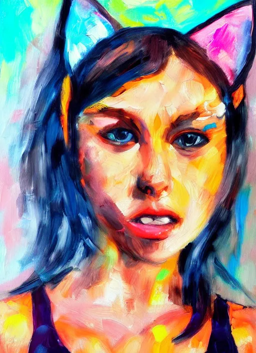 Image similar to girl with cat ears at a rave, realistic bikini, expressive oil painting, abstract art, trending on artstation, geometric art, portrait