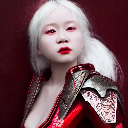 Image similar to beautiful albino Asian girl red and white armor, unreal engine octane, colorful, portrait, gliter, depth of field, 8k, epic light