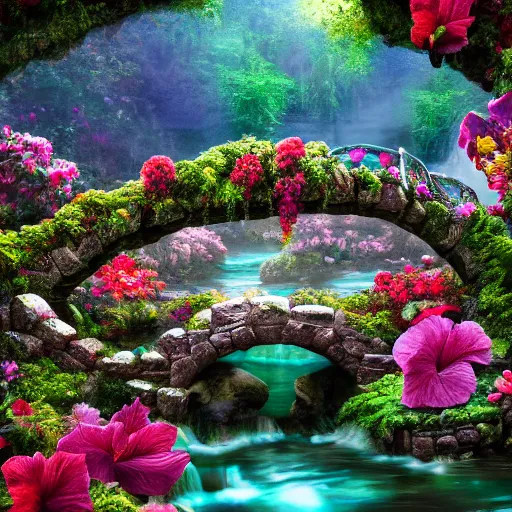 Image similar to an elaborate whimsical garden of hibiscus flowers growing over a stone bridge over a brook, hyperdetailed photograph, soft lighting, volumetric lighting, 4k