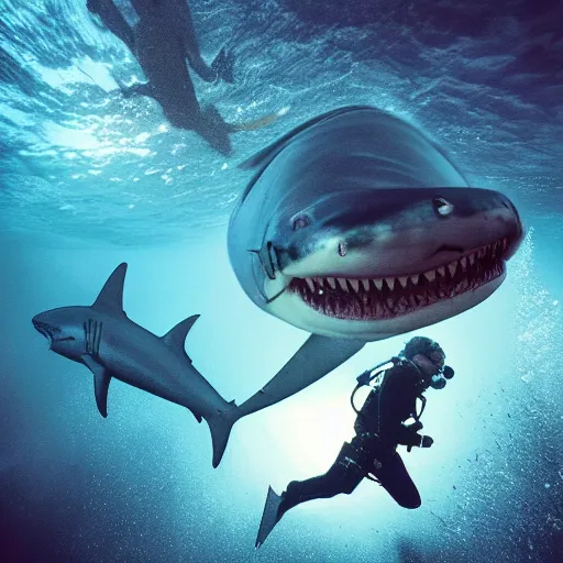 Image similar to the last selfie by a scooba diver moments before being eaten by a gigantic megalodon shark, ultra detailed, hyper realistic, volumetric lighting, 2 0 mm lens