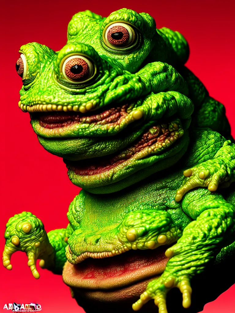 Image similar to hyperrealistic rendering, fat smooth cronenberg flesh monster toad kaiju by by art of skinner and richard corben, eyeballs, product photography, action figure, sofubi, studio lighting, colored gels, colored background