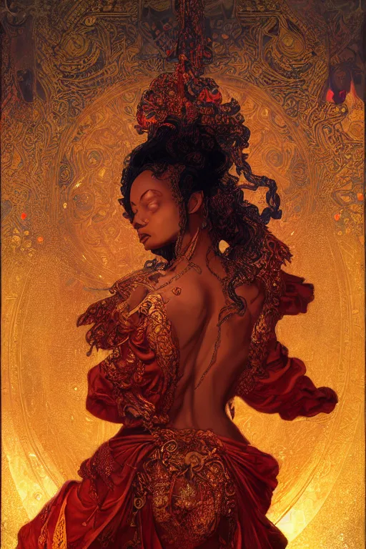 Image similar to tarot card artstation, portrait of a nigerian love dancer, sunrise, baroque ornamnet and rococo ornament, ancient chinese ornate, hyperdetailed, beautiful lighting, craig mullins, mucha, klimt, yoshitaka amano, red and gold and orange color palatte