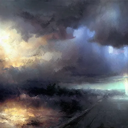 Image similar to a thunderstorm in heaven, ominous, eerie, heavenly, craig mullins