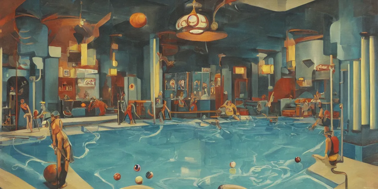 Prompt: smokey pool hall from an story theme of wizards of science (oil paint on canvas, art deco era)