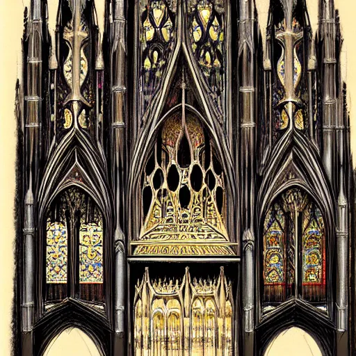 Prompt: ornate gothic organ console, designed by alan lee and john howe, detailed color concept art sketch