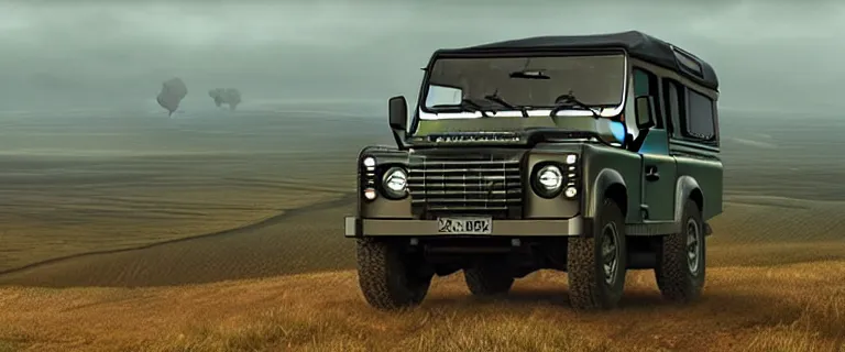 Image similar to Land Rover Defender 110 (1985), an epic fantasy, dramatic lighting, cinematic, establishing shot, extremely high detail, photorealistic, cinematic lighting, artstation, by simon stalenhag, The Elder Scrolls IV: Oblivion, Green Cyrodiil plains, Imperial City with the Adamantine Tower in the middle in the distance, at day