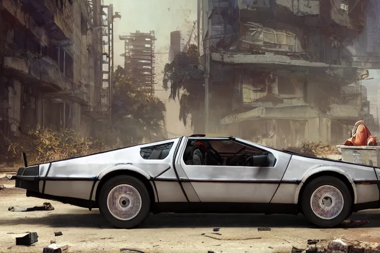 Image similar to highly detailed photorealistic rendering of the delorean from back to the future parked on the streets of a cyberpunk abandoned city, futuristic post - apocalyptic vibe, by greg rutkowski and stanley artgerm and alphonse mucha, octane, sharp focus, hyperrealistic, unreal engine 5, vray, masterpiece