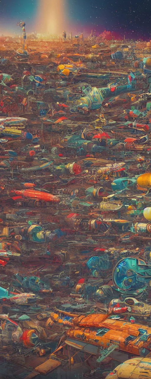 Prompt: panoramic widescreen view, illustration of a cosmic junkyard with old colorful rockets and broken spaceships, detailed digital painting, masterpiece, rendered in Octane, by Moebius.