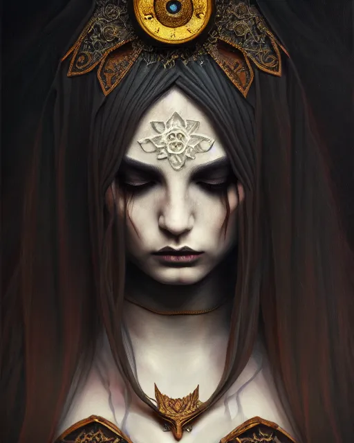 Image similar to painting of a dark ritual, enigmatic beauty, esoteric, muted colors, head in focus, fantasy art, ornamental aesthetics, intricate, elegant, highly detailed hyperrealistic painting, artstation, concept art, painterly, sharp focus, illustration, art by lois royoi