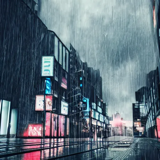 Image similar to dark neon city urban rainy low angle a single female in the center of the frame looking to the cloudy sky futuristic environment flying cars highly realistic