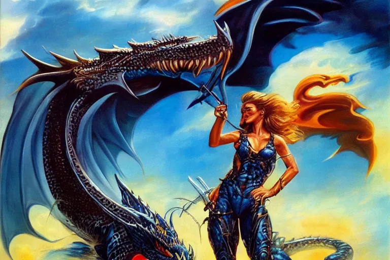 Image similar to epic amazon girl riding a large black dragon spewing blue fire, Boris Vallejo, Julie Bell