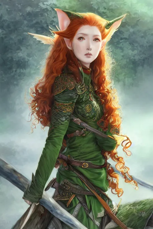 Image similar to A realistic anime portrait of long curly haired redhead female elf ranger wearing an intricate fantasy ranger outfit, asian facial features, green eyes, digital painting, by Stanley Artgerm Lau, Sakimichan, WLOP and Rossdraws, digtial painting, trending on ArtStation, SFW version