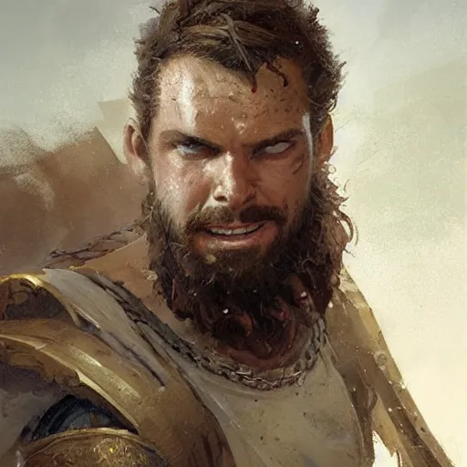 Image similar to young gladiator man with short sandy hair and a trim beard, big forehead, dopey expression, athletic, fantasy character portrait by greg rutkowski, gaston bussiere, craig mullins