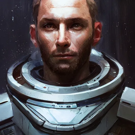 Image similar to Portrait of a man by Greg Rutkowski, he is about 30 years old, Nordic and Hebrew factions, messy brown short hair, strong, tired expression, father figure image, he is wearing a futuristic space gear, highly detailed portrait, scifi, digital painting, artstation, concept art, smooth, sharp foccus ilustration, Artstation HQ.