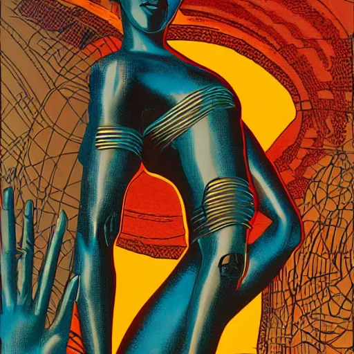 Image similar to african woman, cyberpunk, retro vintage art, cool, 80s, nomad, street style, symmetrical, 2d matte illustration, Stanisław Szukalski + Moebius,