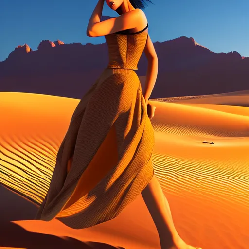 Image similar to innovative avant-garde art, deco fashion, asian women, wearing skirt, highly detailed, photo-realistic portrait, serene desert setting, golden hour, crisp quality and light reflections, unreal engine 5 quality render