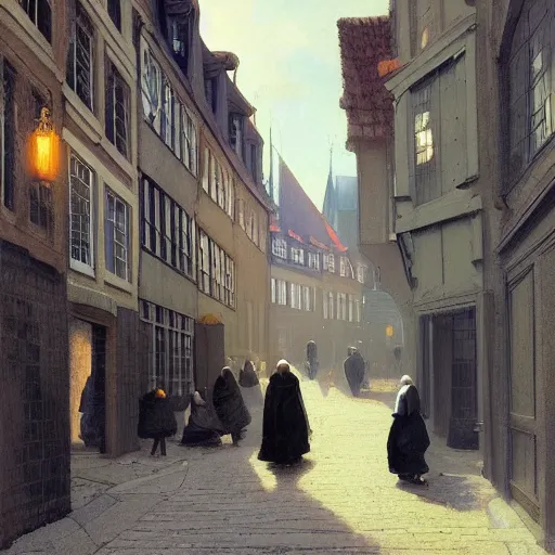 Prompt: a beautiful painting of a street of copenhagen by greg rutkowski and johannes vermeer trending on artstation