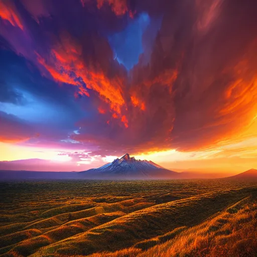 Prompt: landscape photography by marc adamus, wide angle, dramatic lighting, sunset, dramatic sky