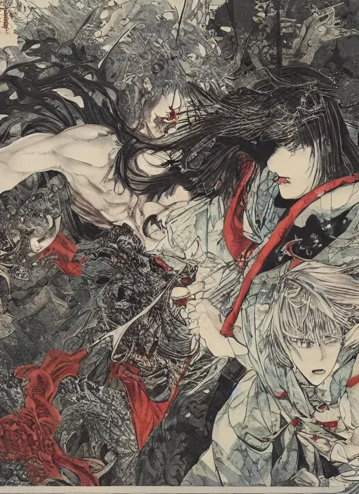 Prompt: battle between good and evil , battle between angels and demons, by and Takato Yamamoto and Yoshitaka Amano, high resolution, ultra detailed