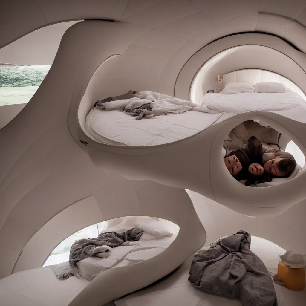 Prompt: inside cozy luxurious curved sleep-pod with wall to wall padding and sound system, XF IQ4, 150MP, 50mm, F1.4, ISO 200, 1/160s, dawn