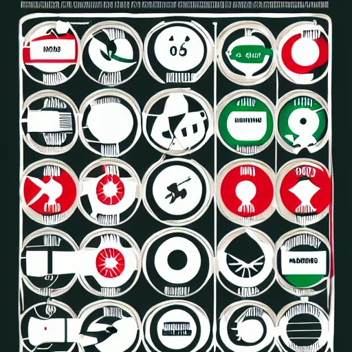 Image similar to isotype chart showing icons representing aerospace and profits over the past 50 years, mostly black and white with elements of kelly green, red, in the style of Otto Neurath