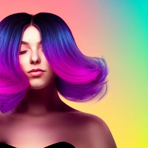 Image similar to a award winning half body portrait of a beautiful woman in a croptop with a ombre purple pink teal hairstyle with head in motion and hair flying, outrun, vaporware, vivid colors, highly detailed, fine detail, intricate