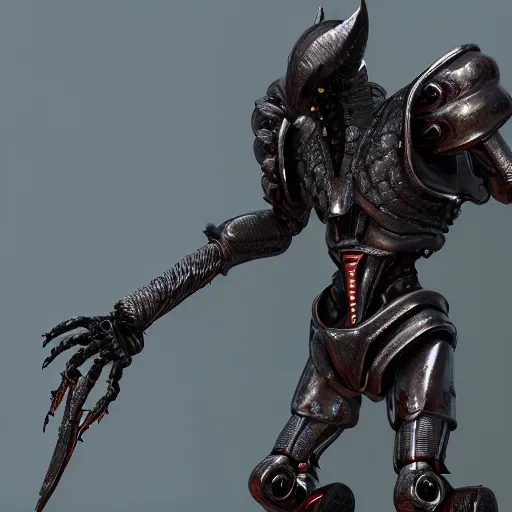 Image similar to futuristic robot demon. eldenring boss, zbrush, arnold render, unrealengine 5, dark souls, horror, extremely detailed