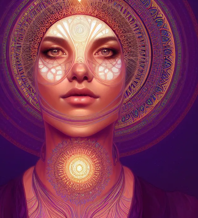 Image similar to symmetry!! portrait of hippie girl, glowing skin mandala!! serene, intricate, elegant, highly detailed, digital painting, artstation, concept art, smooth, sharp focus, illustration, art by artgerm and greg rutkowski and alphonse mucha, 8 k