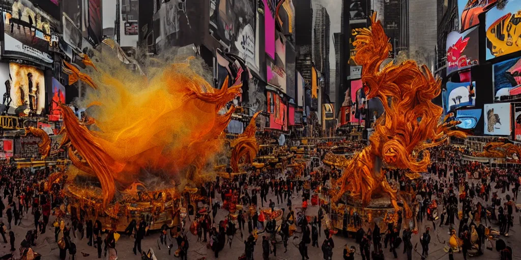 Image similar to 'Deamons unleashed in Times Square' by István Sándorfi royally decorated, whirling smoke, embers, gold encrustations , gilt silk torn fabric, radiant colors, fantasy, perfect lighting, studio lit, volumetric lighting, micro details, 3d sculpture,