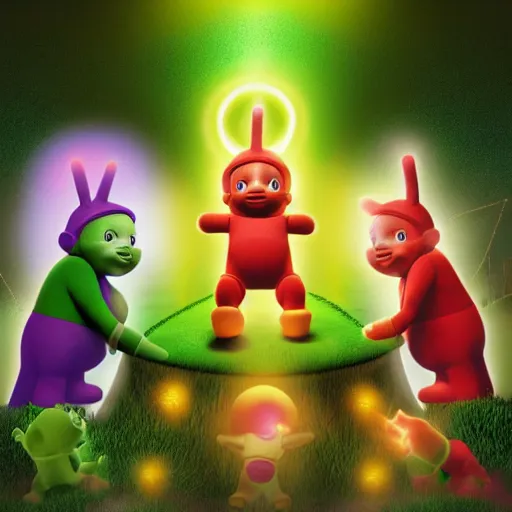 Image similar to the teletubbies making a sacrifice to please the baby sun god, digital art, high quality, high resolution