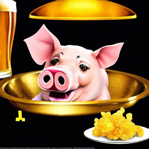 Prompt: realistic photo of a cute puppet pig wearing a gold crown drinking beer and eating a bowl pork rinds a table with a bib on, high quality, cinematic concept art