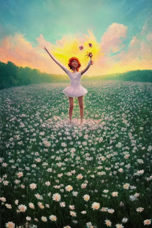 Image similar to giant white daisy flower as head, girl dancing in a flower field, surreal photography, sunrise, dramatic light, impressionist painting, colorful clouds, digital painting, artstation, simon stalenhag