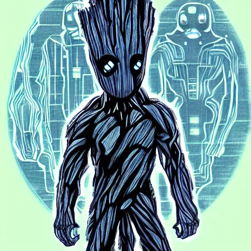 Image similar to groot baby ghost dark cyber scifi ambiance drawing