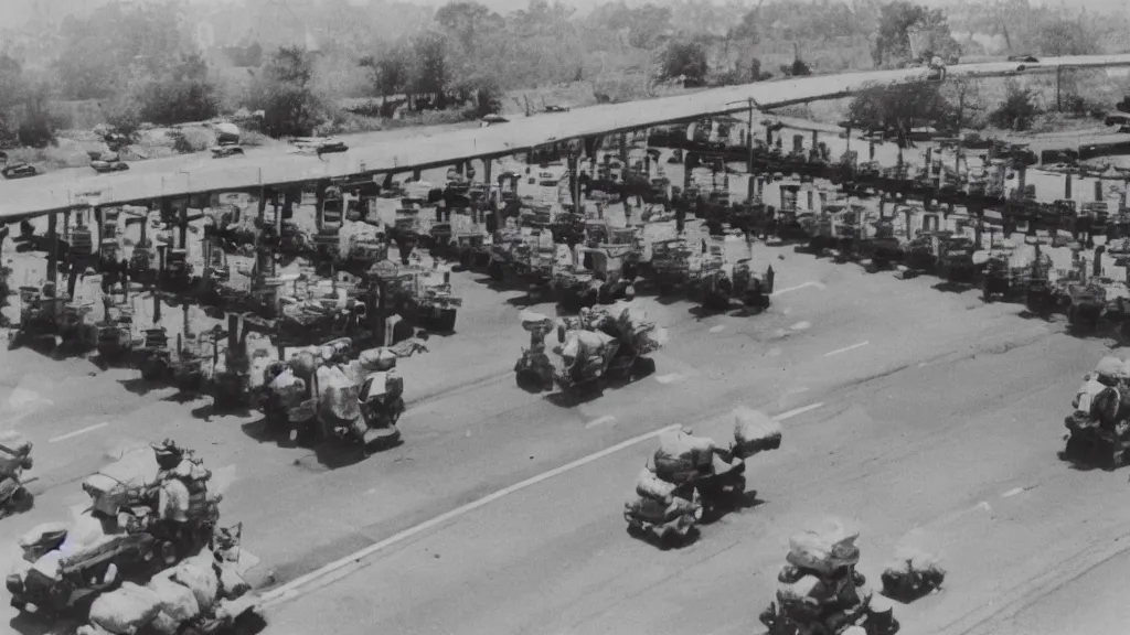 Image similar to a historic photo of a drone shot of a man holding grocery bags on both hands, standing in front of five tanks lined up approaching him on the highway