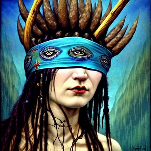 Image similar to A young blindfolded shaman woman with a decorated headband, in the style of heilung, blue hair dreadlocks and wood on her head., made by karol bak