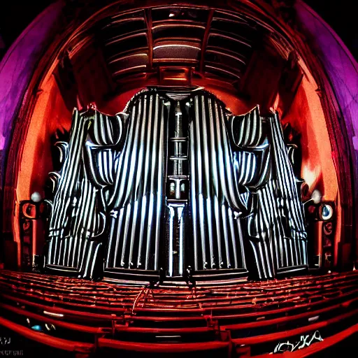 Image similar to pipe organ stereo system hybrid on a huge rock concert stage, spotlights, footnights, fog, style of michael okuda, vincent di fate, rongier, dramatic lighting, detailed, gothic, ornate, fisheye, bizarre, kafka