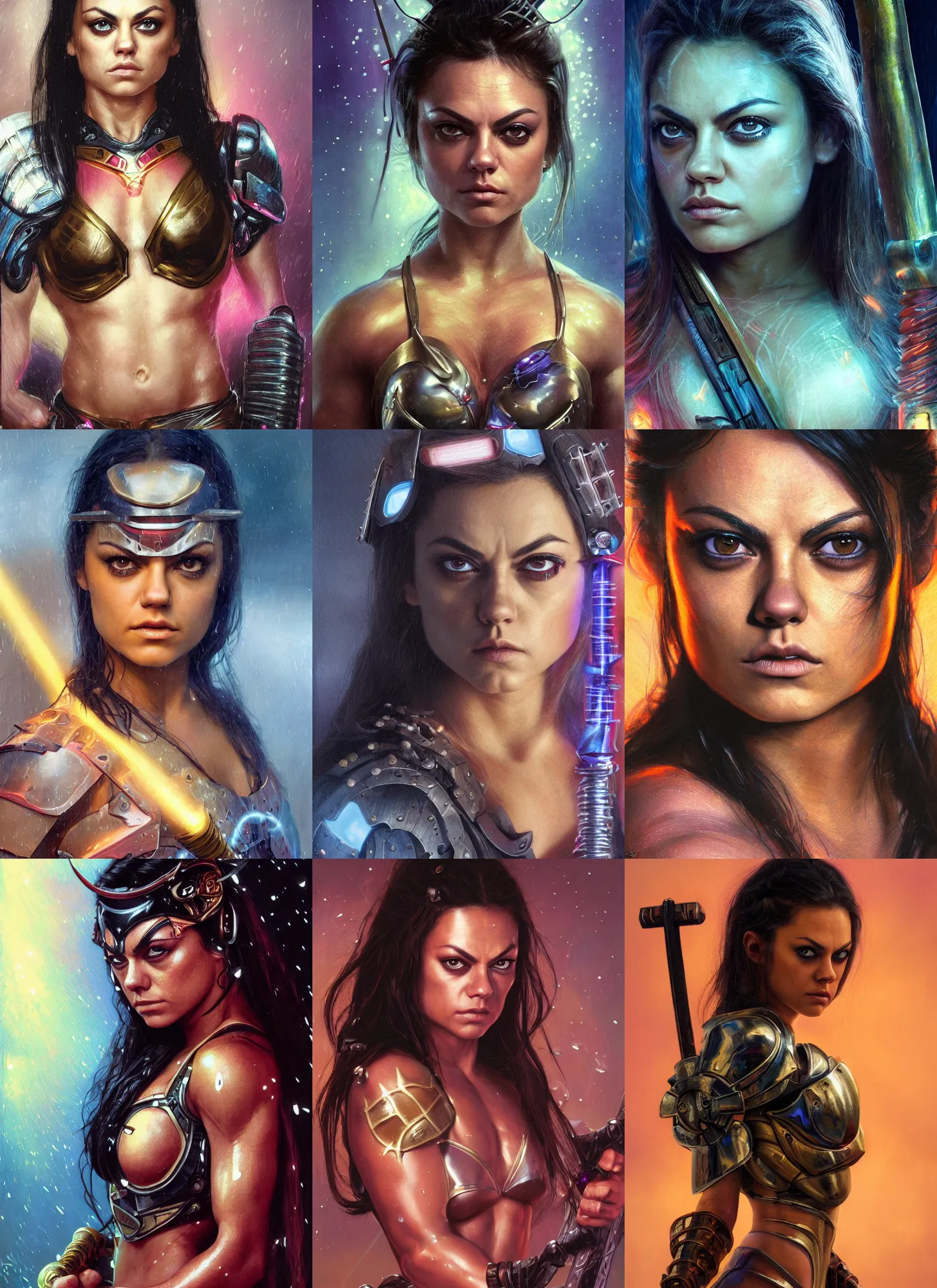 Image similar to bodybuilder mila kunis closeup portrait of a beautiful biblical diabolical samurai girl looking into the camera holding a sword, cyborg neon lit armor, foggy fireflies, cinematic studio light, golden hour, gerald brom, mikhail vrubel, peter elson, muted pastel colors, extreme detail, light rain, trending on artstation, 8 k