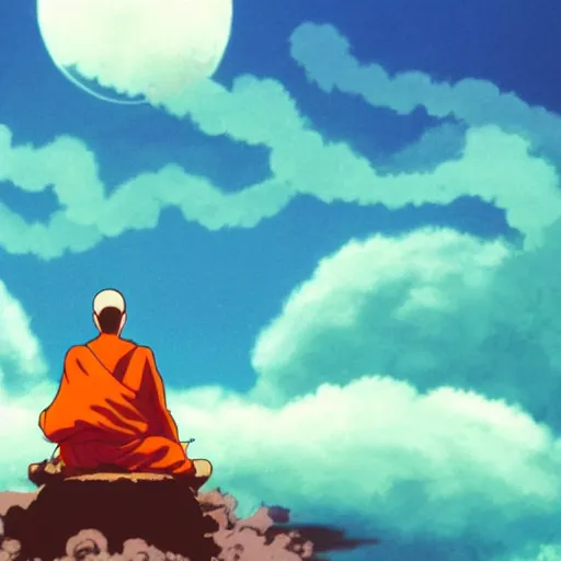 Prompt: illustration of a levitating monk meditating within the centre of a peaceful swirling atom as he fights off evil clouds of smoke, studio ghibli, ultra hd