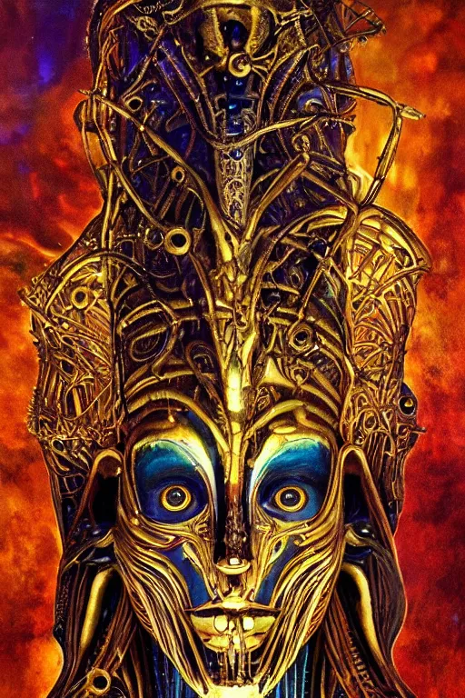 Prompt: Elden Ring and Psytrance DMT entity themed painting of majestic chromatic biomechanical anatomical human undead pharaoh ceremonial mask closeup face, golden ratio concept, Neo-Gothic concept, infinity hieroglyph waves, intricate artwork masterpiece, very coherent artwork, cinematic, full frontal facial features by Artgerm, art by H.R. Giger, Joseph Michael Linsner, Alex Grey, Johnatan Wayshak, Moebius, Ayami Kojima, very anatomically coherent artwork, trending on cgsociety, ultra high quality model, production quality cinema model, high detail chromatic ink outline, octane render, unreal engine 8k, hyper realism, high detail, octane render, unreal engine, 8k, High contrast