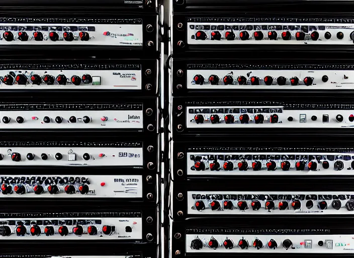 Image similar to photo still of a rack of synthesizers, 8 k