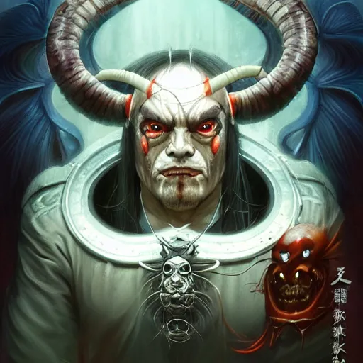 Image similar to portrait, cyberpunk japanese oni demon with horns, stern expression, long hair, highly detailed, digital painting, artstation, concept art, smooth, sharp focus, illustration, artgerm, tomasz alen kopera, peter mohrbacher, donato giancola, joseph christian leyendecker, wlop, frank frazetta