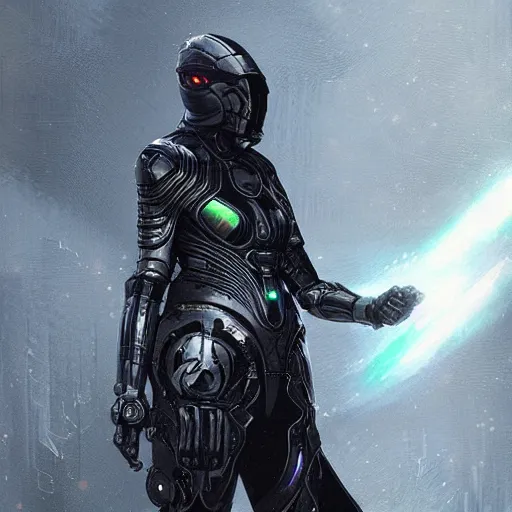 Prompt: matte digital artwork of the galactic assassin, intricate black sharp iridescent hooded cybernetic armour, iridescent technology and weapon, by greg rutkowski and tim white and artgerm